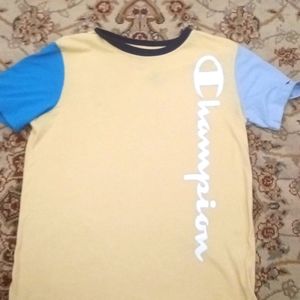Yellow Champion shirt with 2 shades of blue on each sleeve